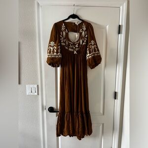 Anthropologie dress. XS. Rust colored with white and gold design.
